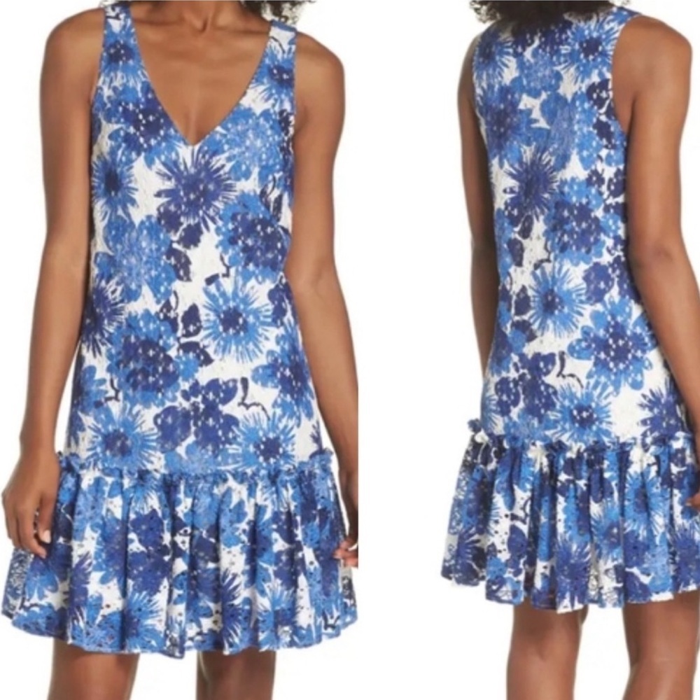 Trina Turk La Costa Print Lace Ruffled Hem Blue Floral Lined Dress V-Neck Size L